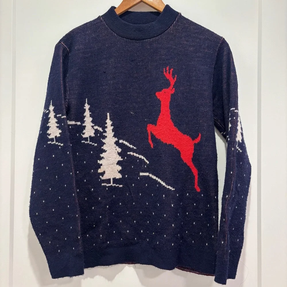 Alps Knitmeisters Vintage Ugly Christmas‎ Sweater Navy Red Deer Trees Women M